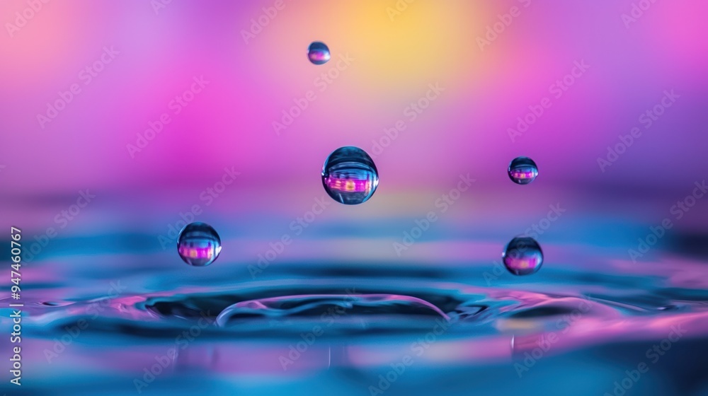 Water Droplets Falling on Blue Surface with Neon Background Water Droplets Falling on Blue Surface with Neon Background