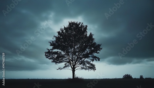 The tranquil scene of lonely trees in the distance under the dark sky. The light reversely outlines the outline of the trees, giving the picture a sense of mystery. photo