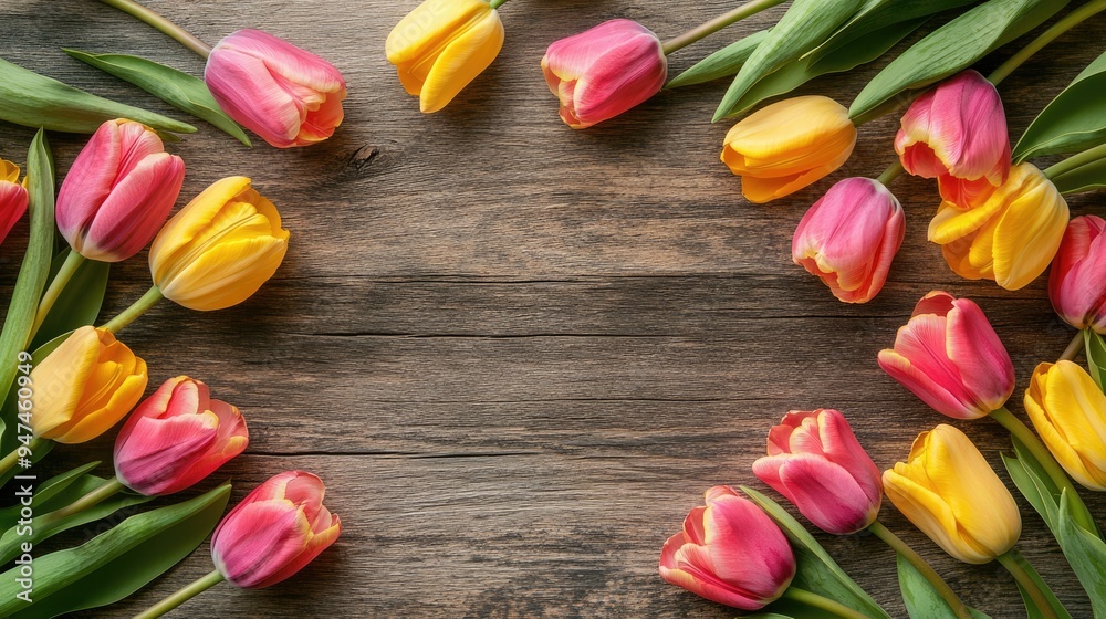 Top view of pink and yellow tulips scattered on a rustic wooden table, with space for text. Top view of pink and yellow tulips scattered on a rustic wooden table, with space for text.
