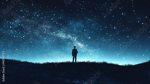 A solitary figure stands on a dark, grassy hill under a vast, starlit night sky. The silhouette of the person gazes upwards, dwarfed by the expansive Milky Way and countless twinkling stars. The sky t