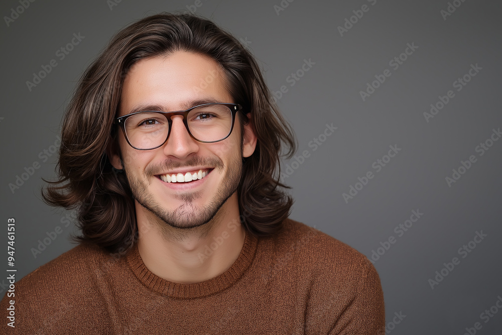 Portrait of a handsome, smiling man with glasses and long hair wearing a sweater against a grey background Portrait of a handsome, smiling man with glasses and long hair wearing a sweater against a grey background