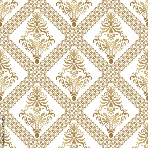 Seamless background with golden classic pattern, Texture with elegant floral ornament, Luxury gold flower, Template for wallpaper, carpet, web, curtain, Vector Illustration for Elegant Textile Design