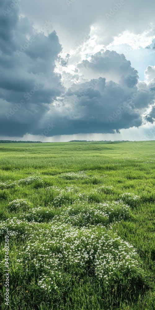 Stunning landscape with green field and dramatic cloudy sky, capturing the beauty of nature and the contrast between land and sky. Stunning landscape with green field and dramatic cloudy sky, capturing the beauty of nature and the contrast between land and sky.