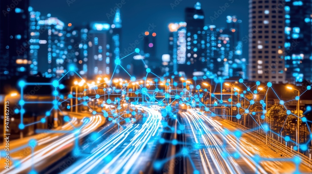 Cityscape Night Lights Abstract Network Connection Cityscape Night Lights Abstract Network Connection
