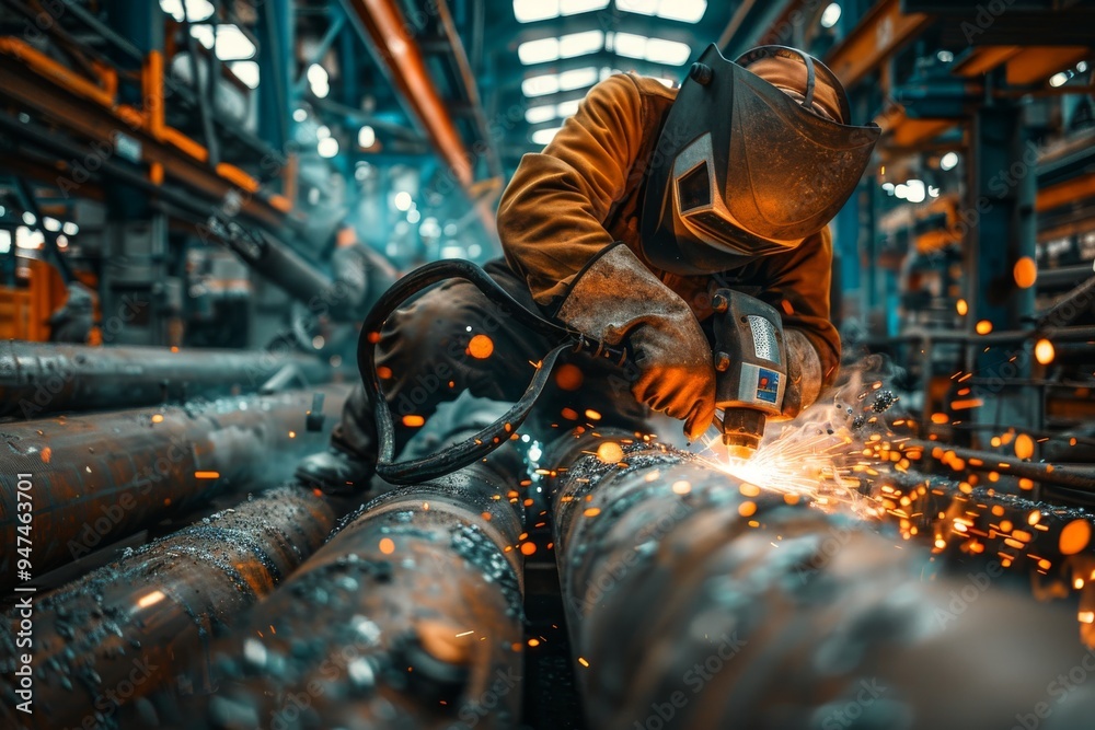 Welder at Work, Welding of Metal Parts at Industrial Plant, Industrial Worker Using Angle Grinder Welder at Work, Welding of Metal Parts at Industrial Plant, Industrial Worker Using Angle Grinder