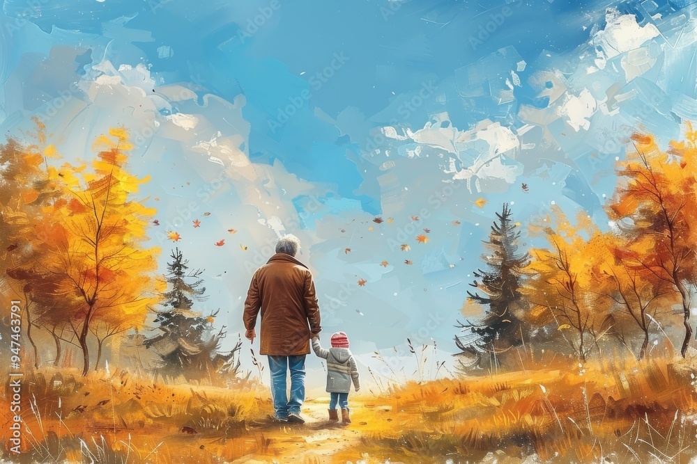 Grandfather with little children walking through autumn forest, oil painting picture Grandfather with little children walking through autumn forest, oil painting picture