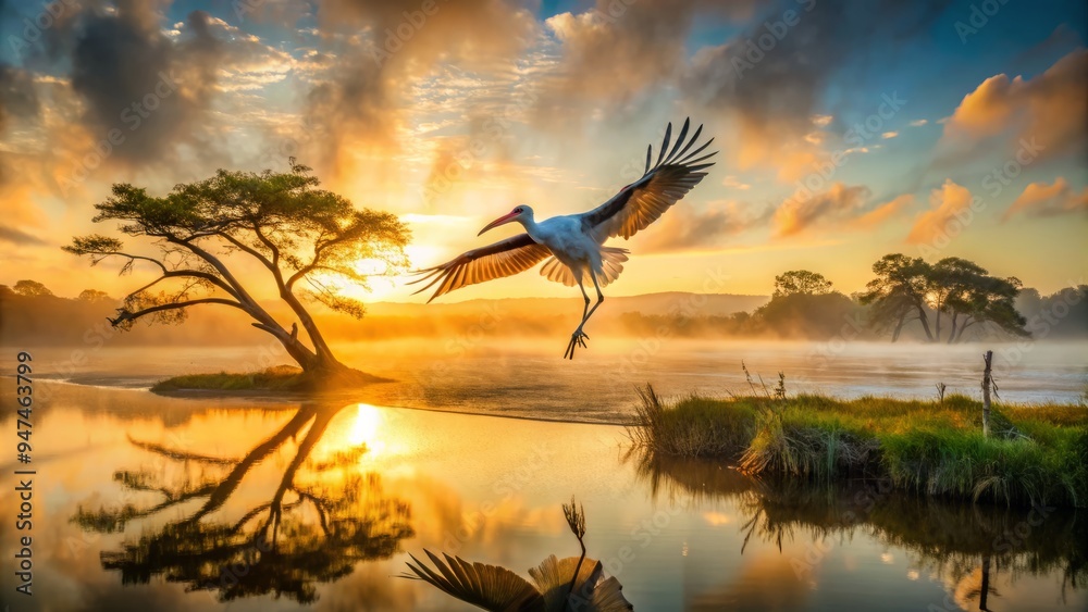 Fototapeta premium Ethereal wood stork soars above misty marshes, against a soft focus sunrise, wispy clouds feathered with golden light, reflecting gentle ripples on the lake's surface.