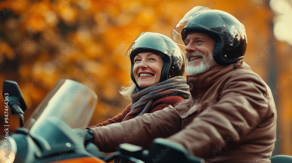 Two people are riding a motorcycle, one of them is smiling Two people are riding a motorcycle, one of them is smiling