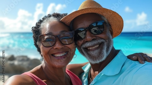 A man and woman are smiling for the camera on a beach