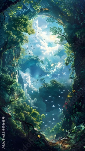 Enchanted Forest with Flying Birds.