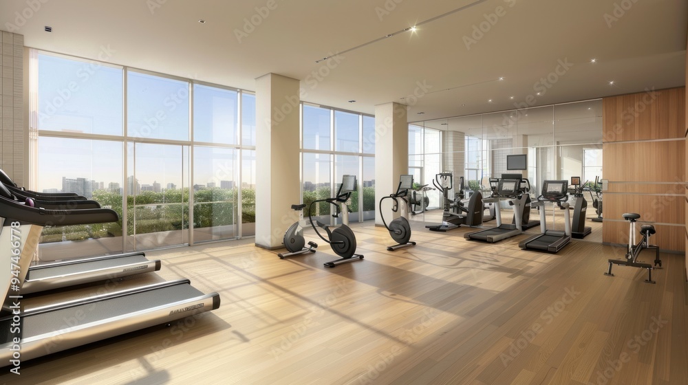 Modern Gym Interior with City View Modern Gym Interior with City View