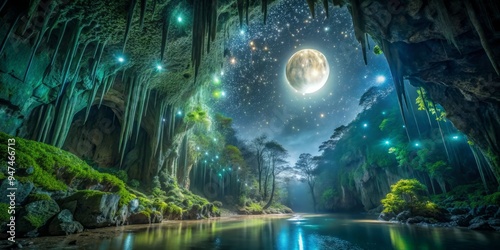 Glowing worms adorn cave walls, a gentle lunar light, darkness deepened by wispy clouds, and a palette of greens and blues, imbuing the scene with ancient, mystical calm.
