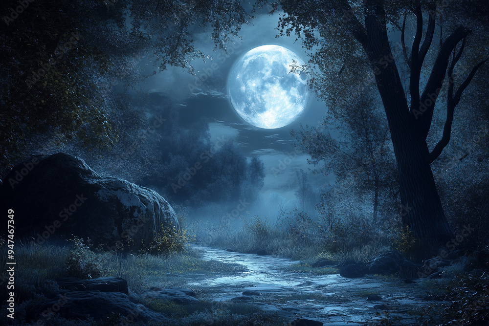 Fototapeta premium Full Moon Casts a Silvery Glow Over the Forest: Nighttime Serenity