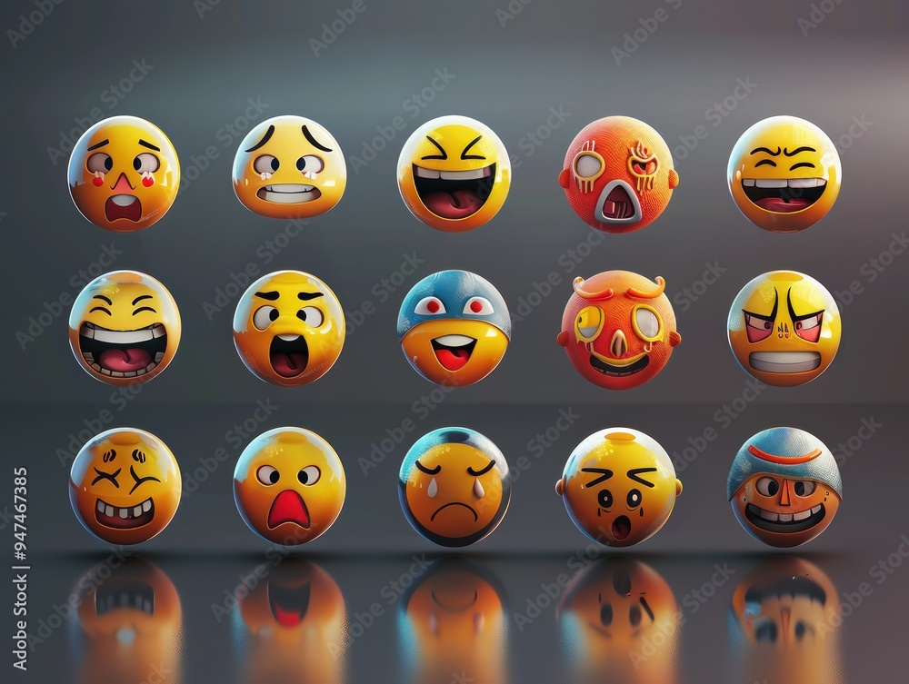 A detailed set of 3D emojis with faces showing a range of emotions from happiness to anger, displayed on a sleek, dark gradient background. A detailed set of 3D emojis with faces showing a range of emotions from happiness to anger, displayed on a sleek, dark gradient background.