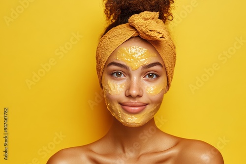 Beautiful girl with a yellow scrub on her face on a yellow background. Peeling against wrinkles and skin imperfections. Advertising for a beauty salon and skincare products. Acid chemical peeling. photo