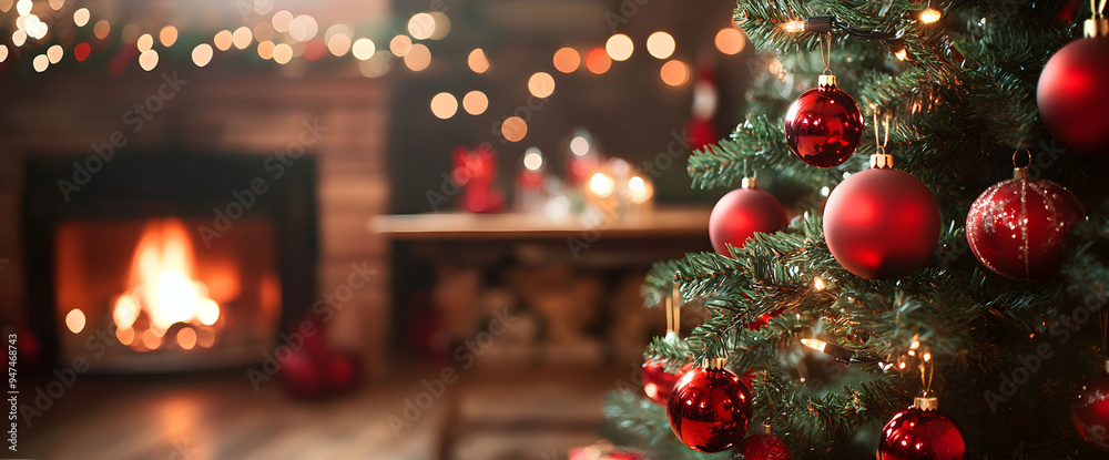 A Christmas tree adorned with red ornaments and gifts sits on a wooden table, with a blurred fireplace in the background and a room beautifully decorated for the holiday season. A Christmas tree adorned with red ornaments and gifts sits on a wooden table, with a blurred fireplace in the background and a room beautifully decorated for the holiday season.