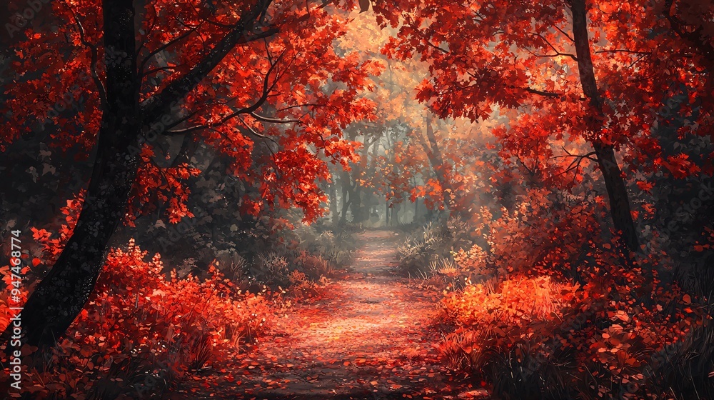 A serene woodland path is embraced by vibrant autumn leaves, glowing in warm hues of red and orange. A serene woodland path is embraced by vibrant autumn leaves, glowing in warm hues of red and orange.