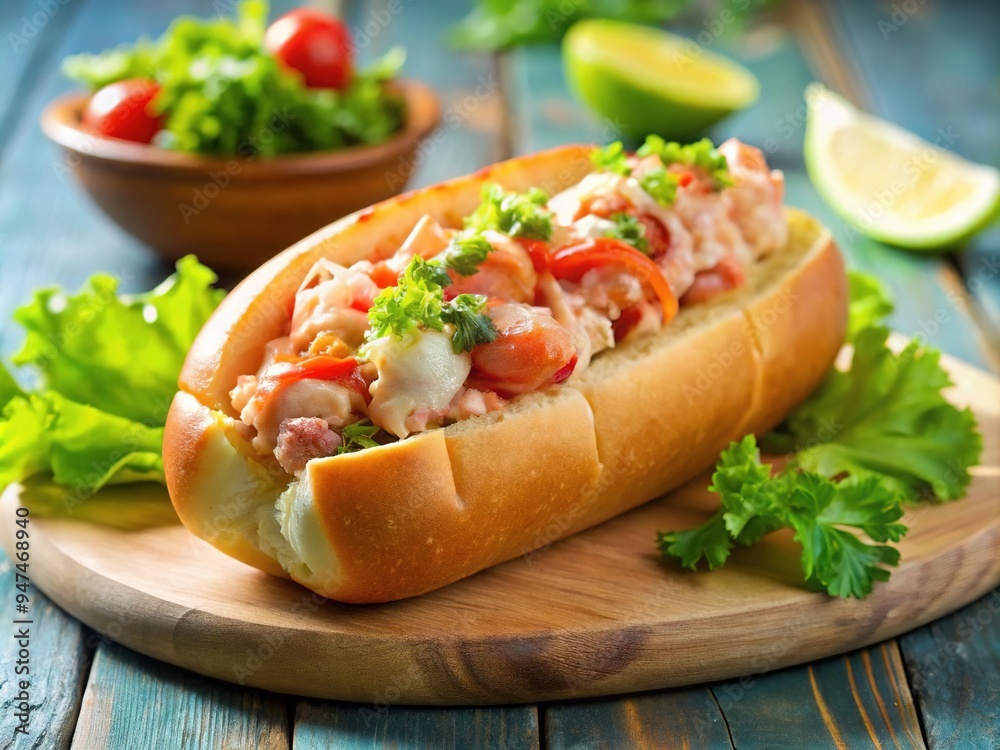 Fresh lobster meat mixed with lemon butter, served on a toasted, split-top bun, garnished with lettuce, tomato, and a sprinkle of sea salt. Fresh lobster meat mixed with lemon butter, served on a toasted, split-top bun, garnished with lettuce, tomato, and a sprinkle of sea salt.