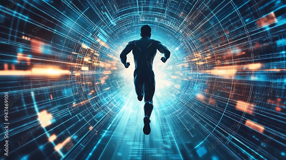 Man Running Through a Digital Tunnel Man Running Through a Digital Tunnel