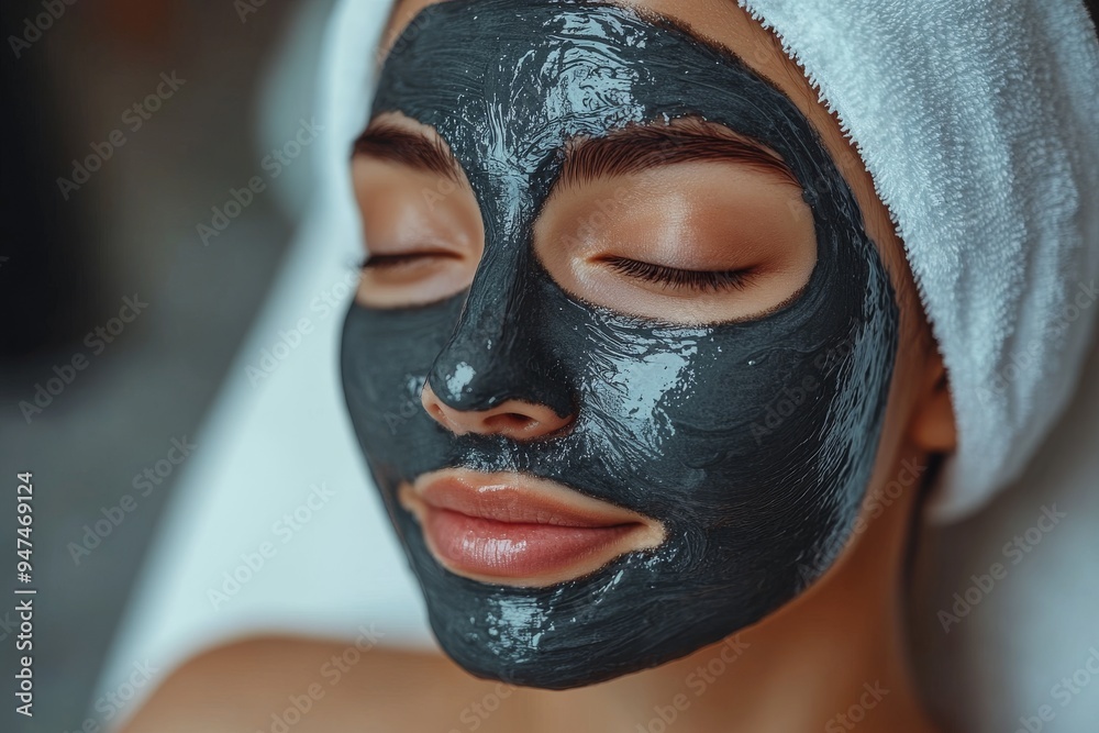A young girl sits on a chair in a beauty salon with a black anti-aging mask on her face. Happy woman with moisturizing black clay mask on her face. Advertising of a beauty salon and care services. A young girl sits on a chair in a beauty salon with a black anti-aging mask on her face. Happy woman with moisturizing black clay mask on her face. Advertising of a beauty salon and care services.