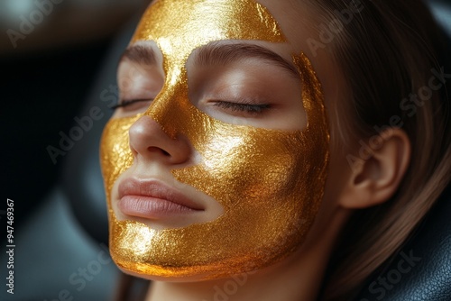 A young girl sits on a chair in a beauty salon with a gold anti-aging mask on her face. Happy woman with moisturizing gold clay mask on her face. Advertising of a beauty salon and care services photo