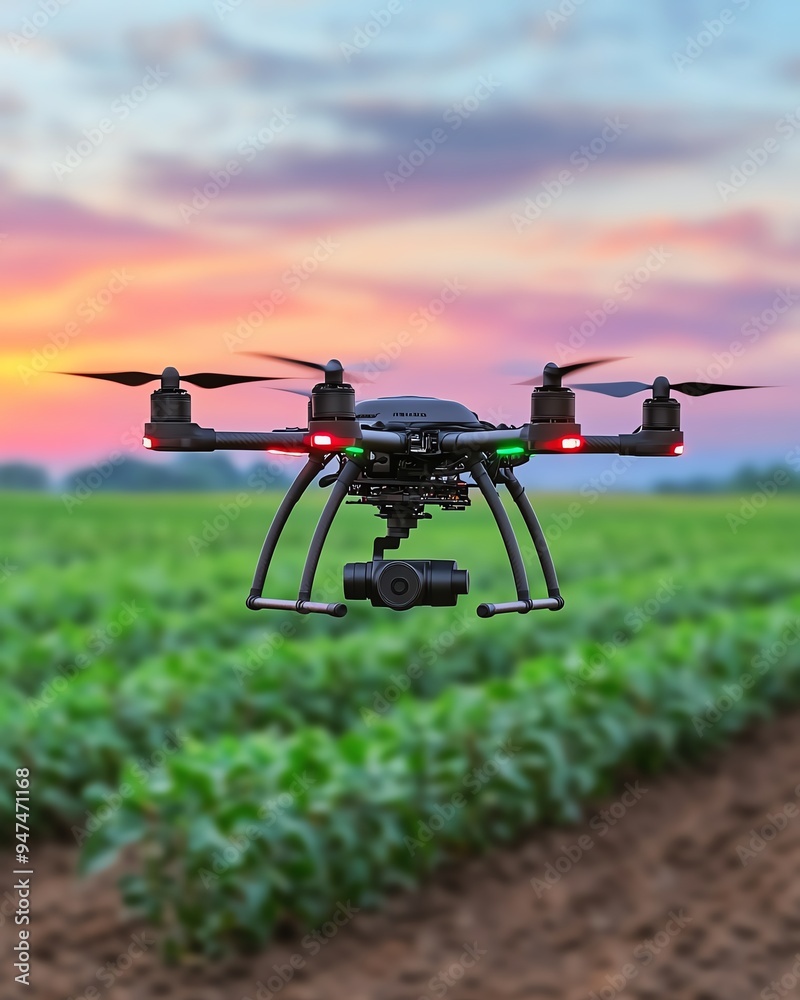 Tilted angle perspective of a high-tech drone tending to crops in a picturesque rural landscape, blending nature and innovation, vibrant colors, watercolor effect Tilted angle perspective of a high-tech drone tending to crops in a picturesque rural landscape, blending nature and innovation, vibrant colors, watercolor effect