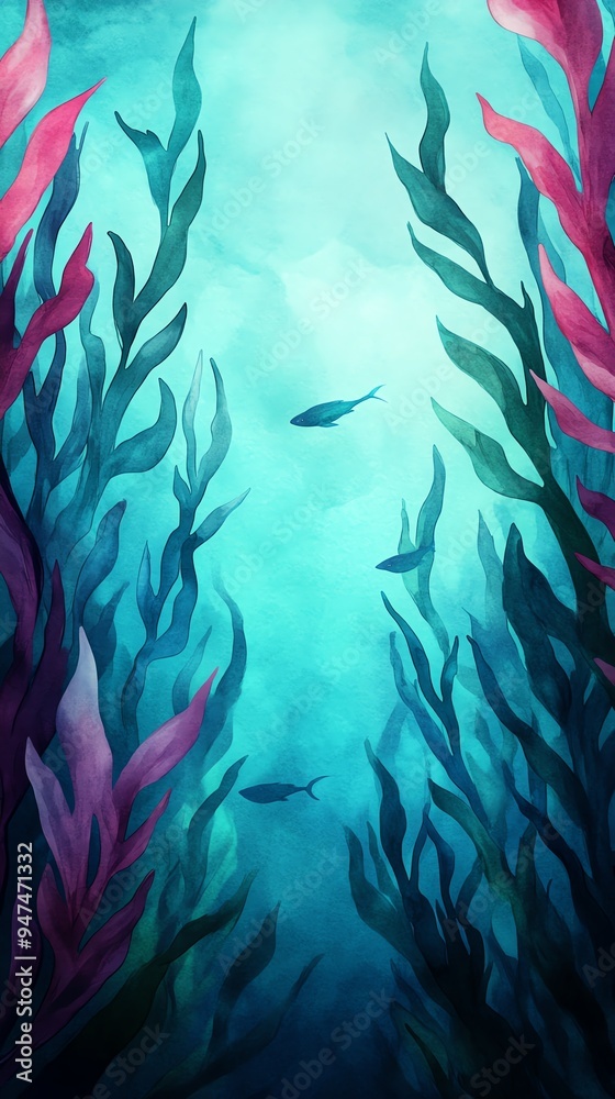 Watercolor illustration of an underwater scene with seaweed and coral. Watercolor illustration of an underwater scene with seaweed and coral.