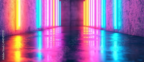 Neon lights reflect on a wet floor creating an abstract and vibrant scene.