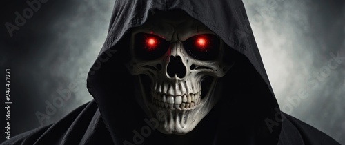 A Skull With Red Eyes in a Black Hood photo