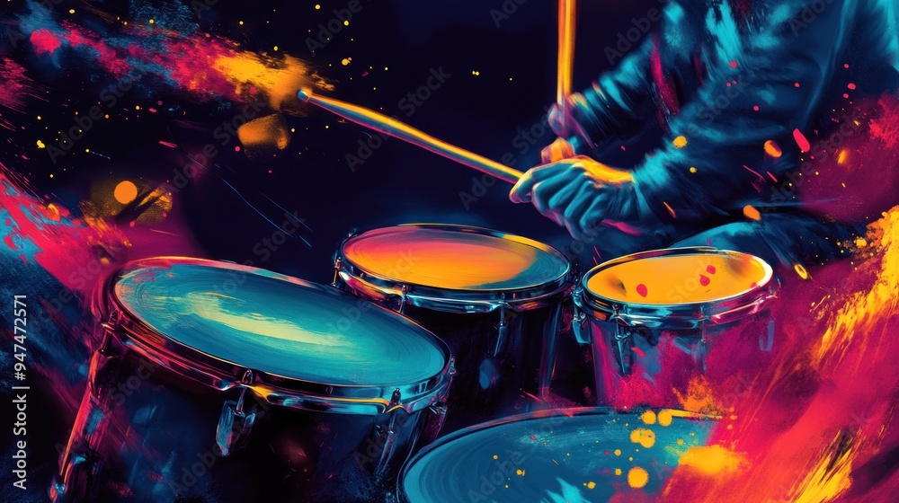 Obraz premium A person is playing drums in a colorful background