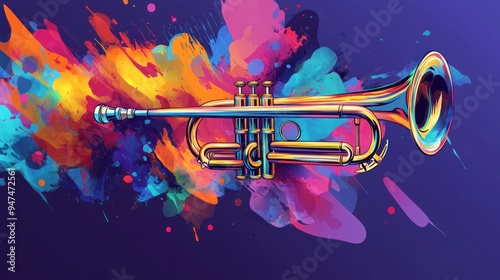 A colorful painting of a trumpet with a splash of paint behind it