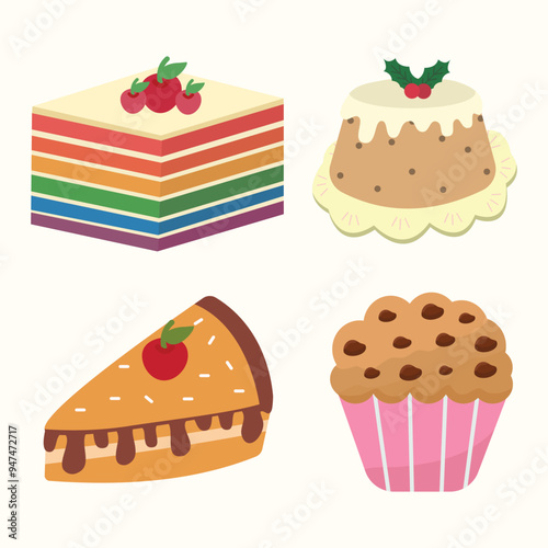 Sweet desserts collection in flat style. Rainbow cake, plum pudding, cherry pie, muffin. Suitable for flat design graphic illustration, clip art, stickers, etc