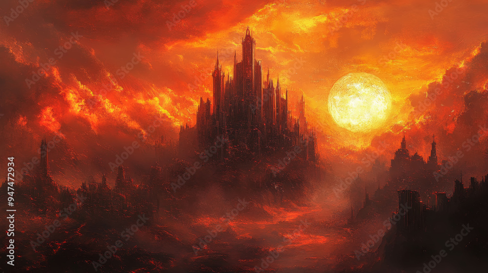 Fiery apocalyptic scene of a burning city under a giant sun Stock ...