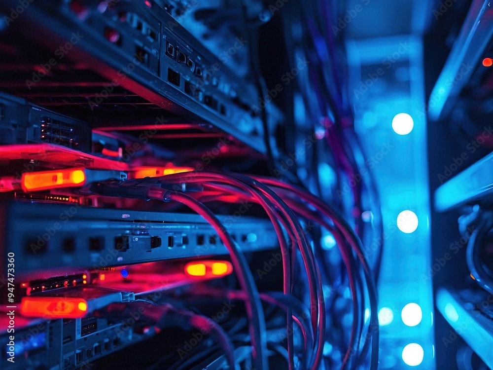 Close up of server racks with cables and lights in a data center. Close up of server racks with cables and lights in a data center.