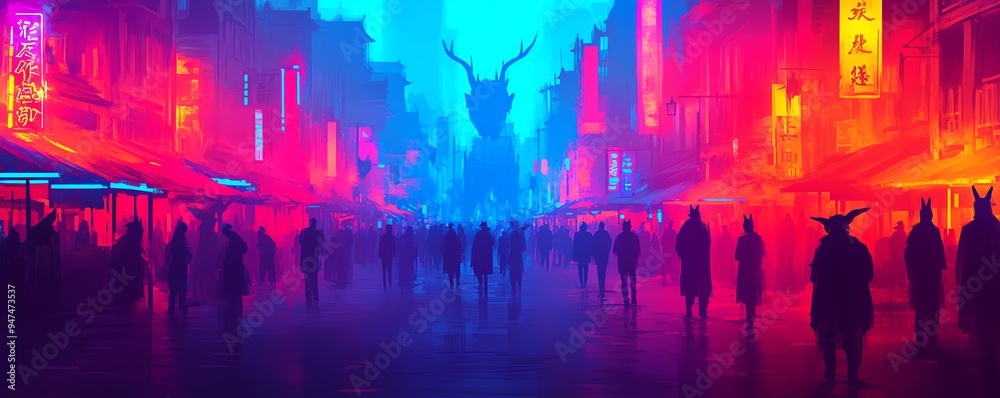 Silhouettes of people walk through a neon-lit city street with a mysterious figure in the background. Silhouettes of people walk through a neon-lit city street with a mysterious figure in the background.