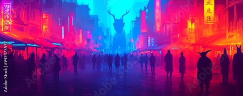 Silhouettes of people walk through a neon-lit city street with a mysterious figure in the background.