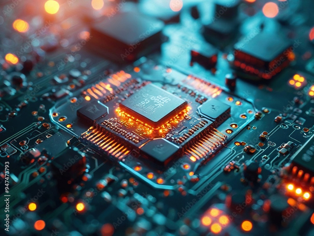 Close-up of a computer processor glowing orange on a circuit board with blue and orange lights. Close-up of a computer processor glowing orange on a circuit board with blue and orange lights.
