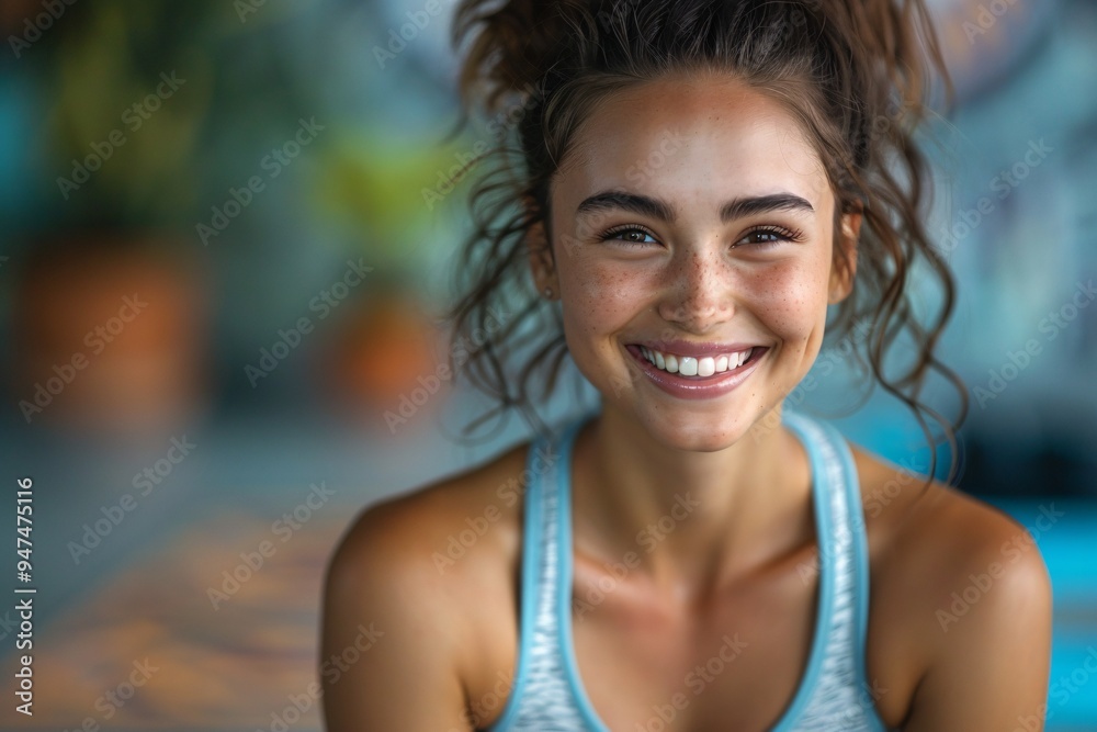 A close-up of a healthy young lady in athletic attire smiling as she sits on the floor of a yoga studio during a session. A close-up of a healthy young lady in athletic attire smiling as she sits on the floor of a yoga studio during a session.