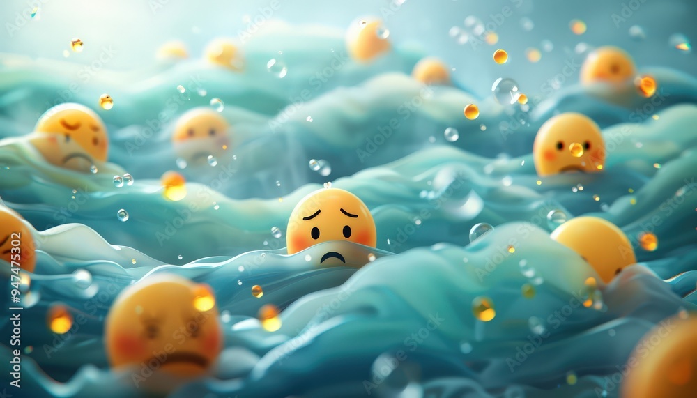 A collection of sad emojis surrounded by soft, abstract waves and gentle patterns, conveying peace. A collection of sad emojis surrounded by soft, abstract waves and gentle patterns, conveying peace.