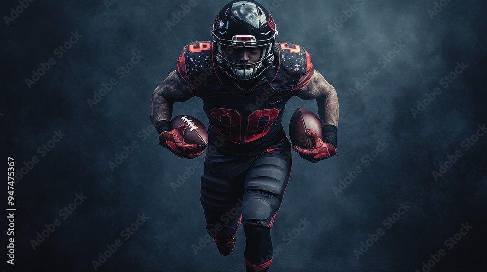 A football player in a black and yellow uniform is running with a football A football player in a black and yellow uniform is running with a football