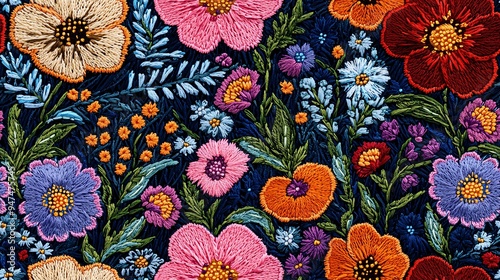 Seamless embroidery design featuring exquisite blossoms on a dark backdrop, ideal for fashion textiles and printed materials.