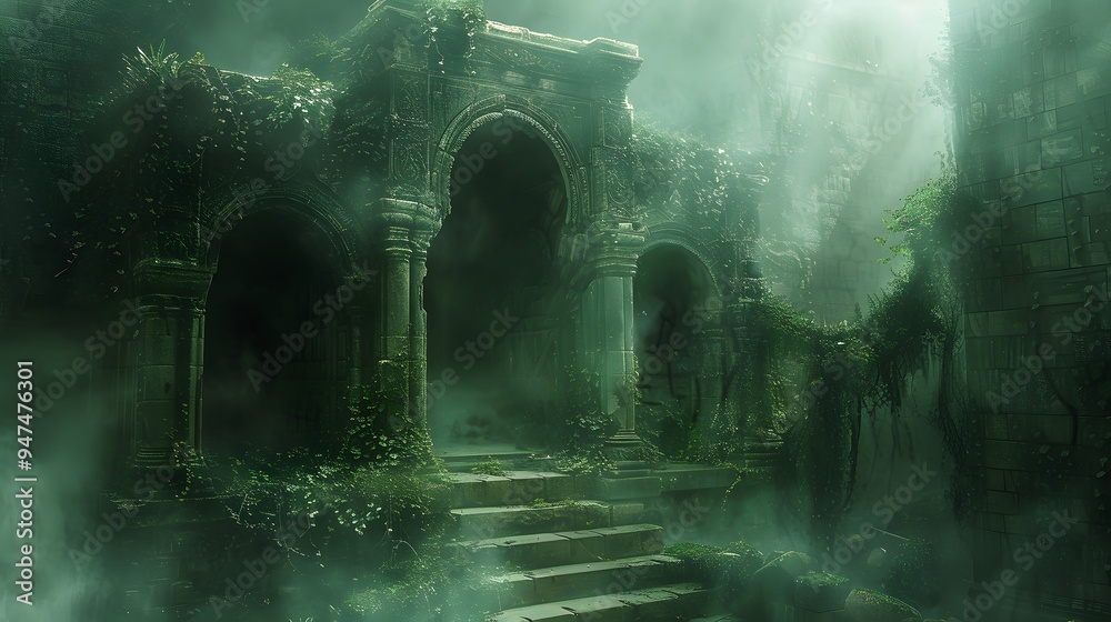 Obraz premium Mysterious Stone Archway in a Foggy Forest.