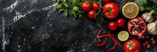 Panel kuchenny z motywem Natural Black Marble Background with Spices, Greens, Tomatoes, Pomegranate, Food Pattern Flat Lay