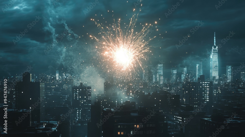 Obraz premium Fireworks Display Over a Cityscape at Night