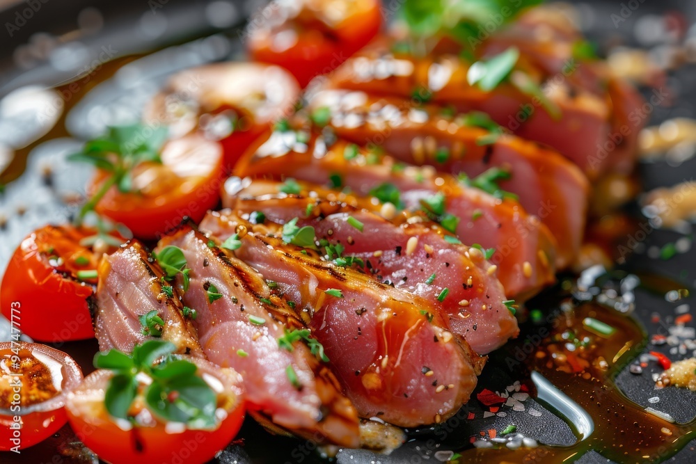 Sliced Ahi Tuna Steak, Slightly Roasted Red Fish Carpaccio with Honey Mustard Sauce Sliced Ahi Tuna Steak, Slightly Roasted Red Fish Carpaccio with Honey Mustard Sauce