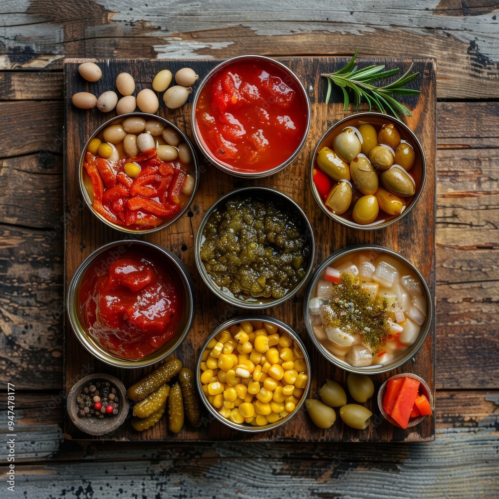 Open tin cans set, preserved products collection, canned food on wooden board top view Open tin cans set, preserved products collection, canned food on wooden board top view
