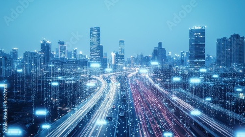 Futuristic Cityscape with Digital Network and Light Trails