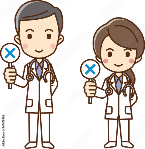 Illustration of a man and woman doctor holding a tag with the x symbol on it.