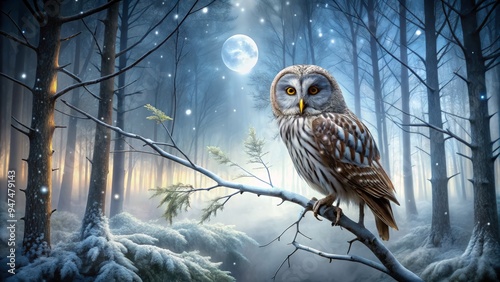 Moonbeams illuminate the forest, but the owl's yellow eyes hold the attention, blending seamlessly into shadows. Frosty floor sparkles with suspended snowflakes, as if holding its breath. photo