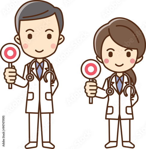 Illustration of a doctor holding a tag with a circle symbol on it.